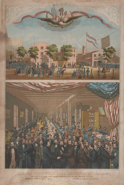Cooper Shop Volunteer Refreshment Saloon-アメリカで最初に組合ボランティアのためにオープン、c.1862 作： Morris H. Traubel