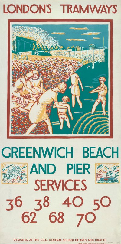 「グリニッジ ビーチと桟橋」、ロンドン カウンティ カウンシル LCC トラムウェイのポスター、1925 年 作： Morris Kestelman