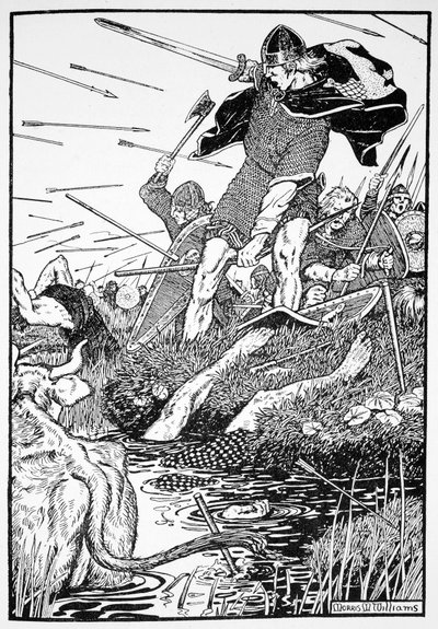 「ダウンパトリックの沼地にいるマグナス王」、アイルランド、1103 1913 作： Morris Meredith Williams