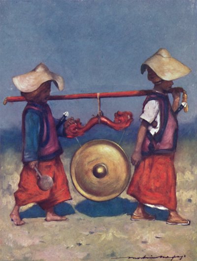 「真鍮のゴングを運ぶシャン リテーナー」、1903 年 作： Mortimer L Menpes