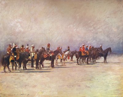 「軍隊を検討する総督」、1903 作： Mortimer L Menpes