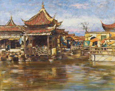ティーハウス、上海、1909年頃（船上にガッシュとオイル） 作： Mortimer Ludington Menpes