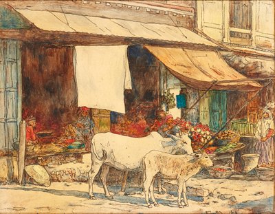 インドの果物屋台の外の牛（ペンとインクと水彩） 作： Mortimer Ludington Menpes
