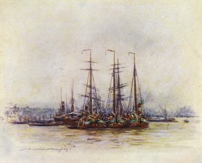 塔の近くのオランダのはしけ 作： Mortimer Ludington Menpes