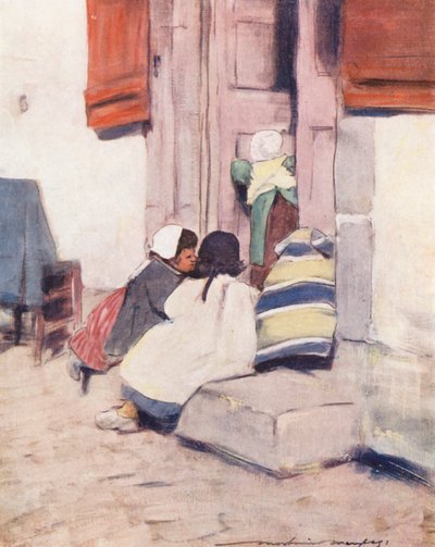 世界の子供たちブルトン、お店屋さんごっこ（カラーリトグラフ） 作： Mortimer Ludington Menpes