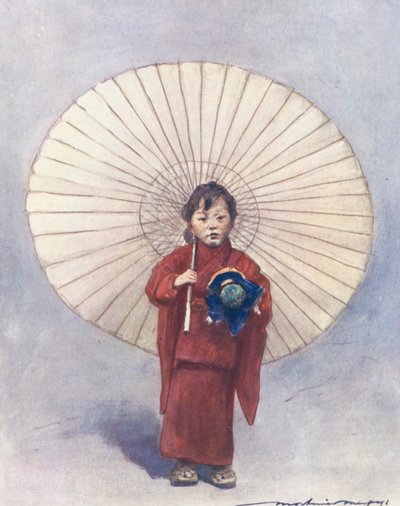世界の子供たち日本人、初めての傘（カラーリトグラフ） 作： Mortimer Ludington Menpes
