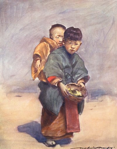 世界の子供たち日本人、リトル・マザー（カラーリトグラフ） 作： Mortimer Ludington Menpes
