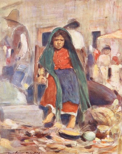 世界の子供たちメキシコ、水を手に入れる（カラーリトグラフ） 作： Mortimer Ludington Menpes