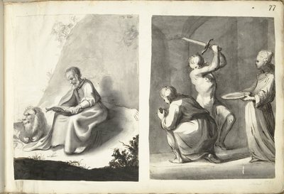 荒野の聖ヒエロニムスと洗礼者ヨハネの斬首 作： Moses ter Borch (signed by artist)