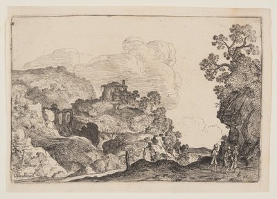 三人の旅人と岩の風景 作： Moses van Uyttenbroeck