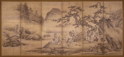 親孝行の24のパラゴンのシーン（紙にインクと金顔料） 作： Motonobu Kano