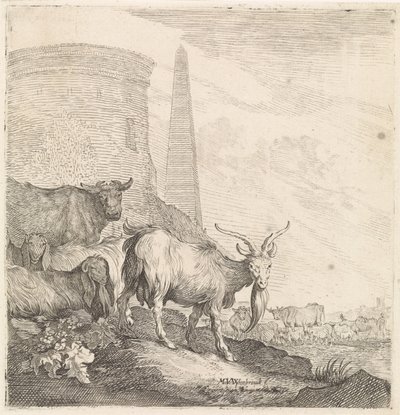オベリスクのある丸い塔の近くのヤギと牛 四つ足の動物（シリーズタイトル） 作： Moyses van Wtenbrouck