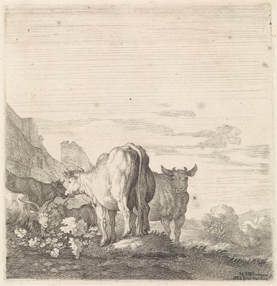 家のある風景の中の牛と山羊 四つ足の動物（シリーズタイトル） 作： Moyses van Wtenbrouck
