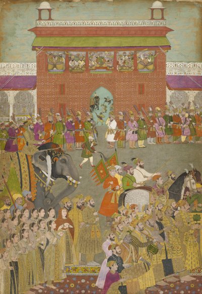 ミュージシャンとの行列シーン、17世紀半ばのムガール帝国のパドシャナマのコピーから 作： Mughal School