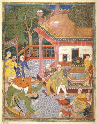 中庭で見物人の群衆の前で主人公が巨人を倒す、ハムザ生のイラスト、c.1555-67（綿のボディカラー） 作： Mughal School