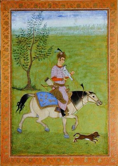 馬に乗った鷹狩りの王子（Large Clive Albumより）（水彩・紙 作： Mughal School