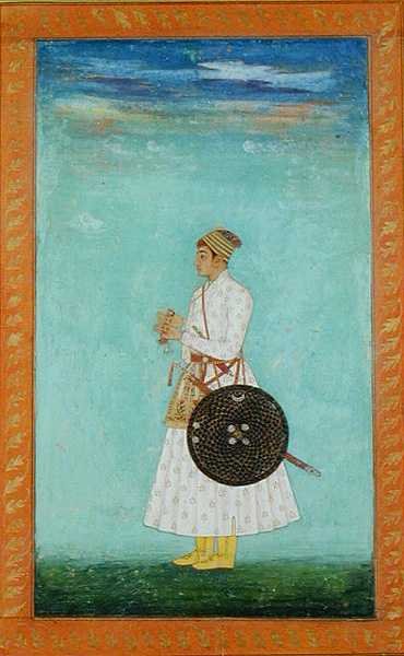 封印された錦の封筒を持つムガール宮廷の若い貴族（1670-80年頃、「ラージ・クライヴ・アルバム」より）（紙にグワッシュ 作： Mughal School
