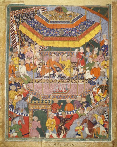 アラムシャはクバッドと会話する、ハムザ生の間のイラスト、1555-57年（綿のボディカラー） 作： Mughal School