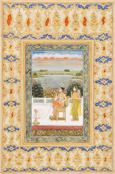 アルバムページ：テラスで喫煙するグルバダンベグム、デリー、1800年頃 作： Mughal School