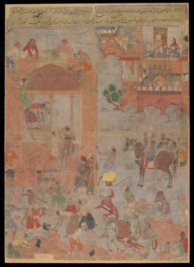 Anushirvanは、縁起の良い時間にCtesiphonの基礎を築きました、原稿のフォリオ、c.1560-1565（布に不透明な水彩画、インク、金、板紙に取り付け） 作： Mughal School