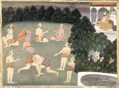 アスリートは着席した貴族の前で演じる、1760年頃（紙に不透明なトイレ） 作： Mughal School