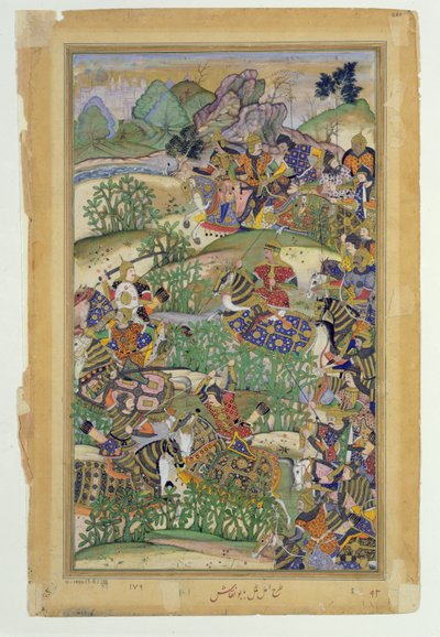 1572年のサマルの戦いでのアクバル皇帝（r.1556-1605）、1590-98年のアブールファジ作のアクバルナマ（不透明なトイレと紙の上の金） 作： Mughal School