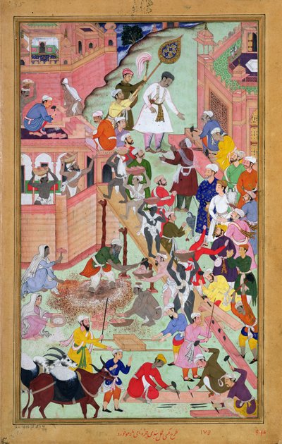 アクバール皇帝（r.1556-1605）は、シティーファテプルシークリーの建築工事を視察し、1584年に完成しました。 作： Mughal School