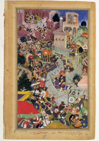 アクバル皇帝（r.1556-1605）は、1567年にチトフ包囲戦でサイマルを撃ちました。1590-98年にアブールファジによって作られたアクバルナマ（紙に不透明なトイレと金） 作： Mughal School