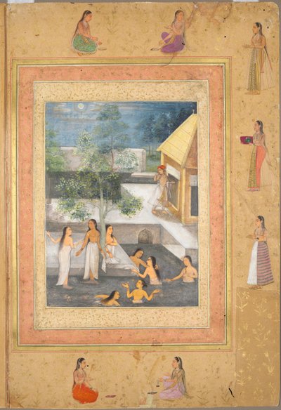 ハーレムの夜の入浴シーン（recto）：花と鳥の装飾的な境界線に囲まれた書道（verso）、c。 1650（紙にインクと色） 作： Mughal School