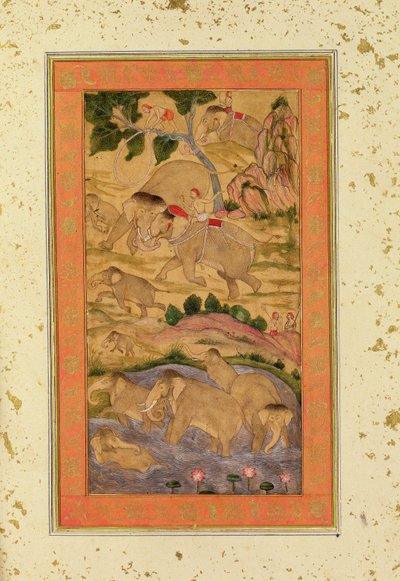 ラージクライブアルバムの1760年から65年頃の象を捕獲するハンター（紙に色付け） 作： Mughal School