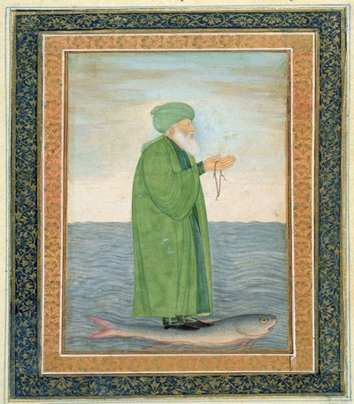 小さなクライブアルバムからのカワヒジルカーンの魚に乗って（紙に不透明なトイレ） 作： Mughal School