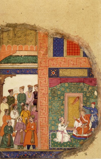 ダサラタ王は宮廷でラーマの摂政について家族の司祭と話しました 作： Mughal School