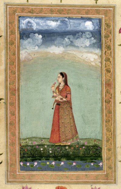 スモールクライヴアルバムのバラのボウルを持つ女性（紙に不透明なトイレ） 作： Mughal School