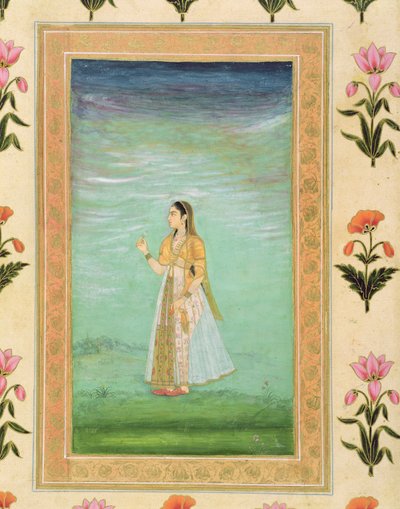 小さなクライブアルバムからの花を持っている女性（紙に不透明なトイレ） 作： Mughal School