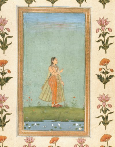 小さなクライブアルバムのユリの池のそばに立っている花を持つ女性（紙に不透明なトイレ） 作： Mughal School