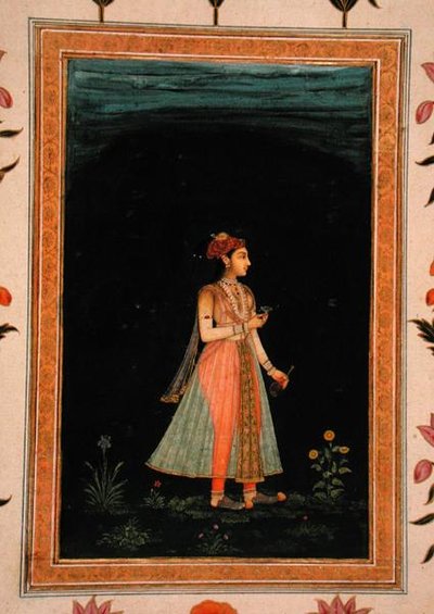 夜にワインフラスコとグラスを持つ女性（『スモール・クライヴ・アルバム』より 作： Mughal School