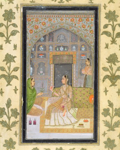 Small Clive Album（紙に不透明なトイレ）からの付添人がいるパビリオンに座っている女性 作： Mughal School