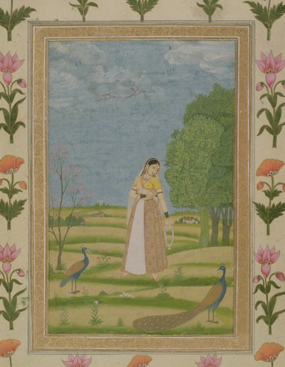 小さなクライブアルバムの孔雀を持つ女性（紙に不透明なトイレ） 作： Mughal School