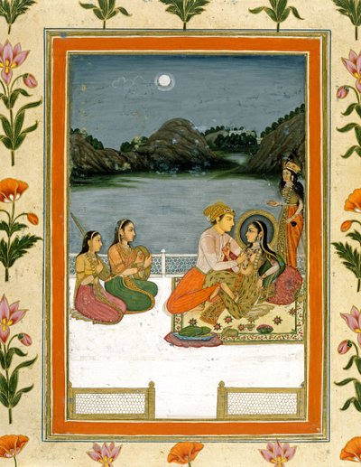 Small Clive Album（紙に不透明なトイレ）の、月明かりに照らされた湖のほとりにあるテラスの恋人 作： Mughal School