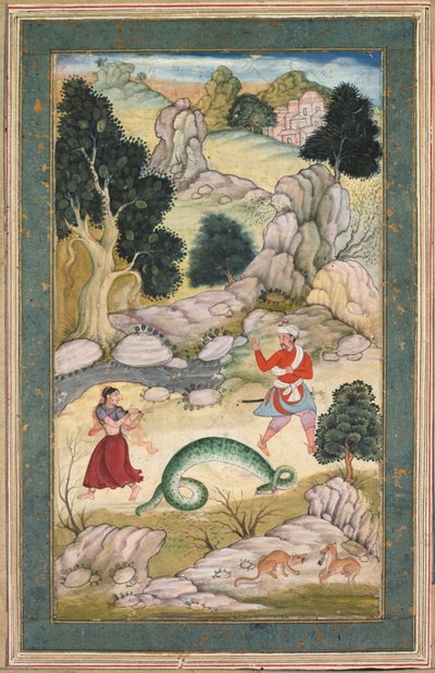 恋人たちの別れ、寓話集の一ページ、1590-95年頃、不透明水彩、金彩、紙 作： Mughal School