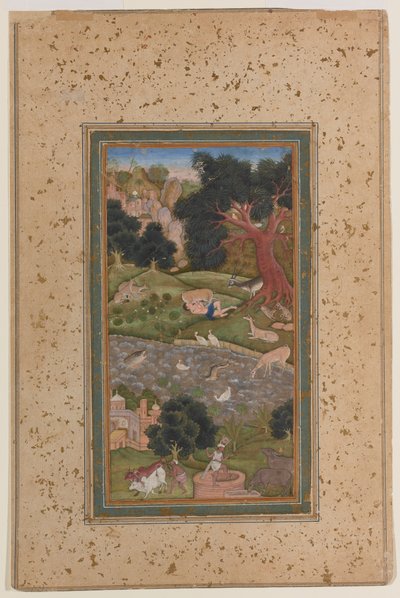 荒野のマジュン、1600年頃（紙に不透明な水彩画） 作： Mughal School