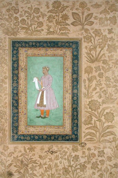 巻物を持つムルタザ・カーンの肖像 1610年頃（羊皮紙にガッシュ 作： Mughal School