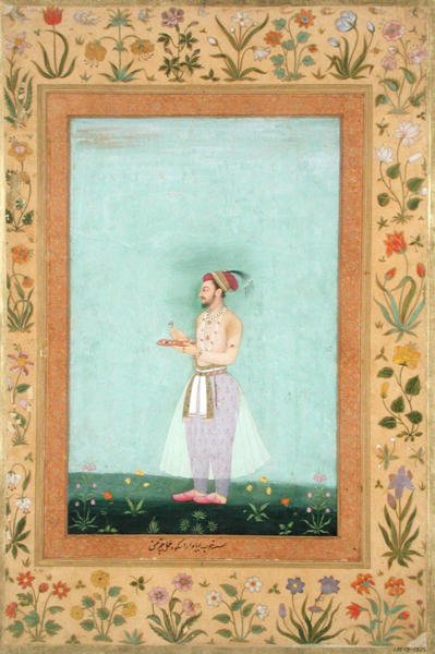 宝石の入った盆を持つダラ・シクフ王子（『民都アルバム』より 作： Mughal School