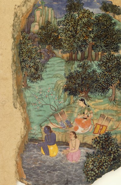 ランダとラクシュマナがマンダキニ川のほとりで死んだ父に水を捧げる、1595年頃 作： Mughal School
