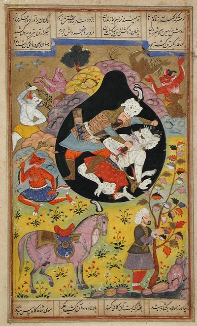 ロスタムは白い部隊を倒す、1608 作： Mughal School