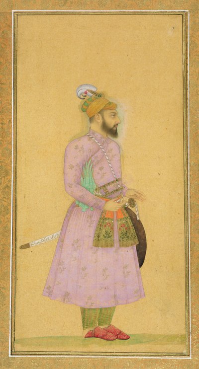スモールクライヴアルバムのムガール王子の立ち姿、c.1630-40（紙にガッシュとトイレ） 作： Mughal School