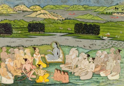 1760年頃、パリクシット王とサドゥスのグループを扱った賢者シュクデーヴァ、 作： Mughal School