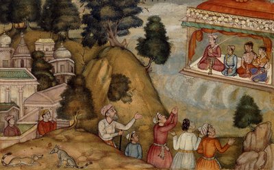 花輪を施したベランダに座った男とその家族に敬意を払う村人、1585年頃 作： Mughal School