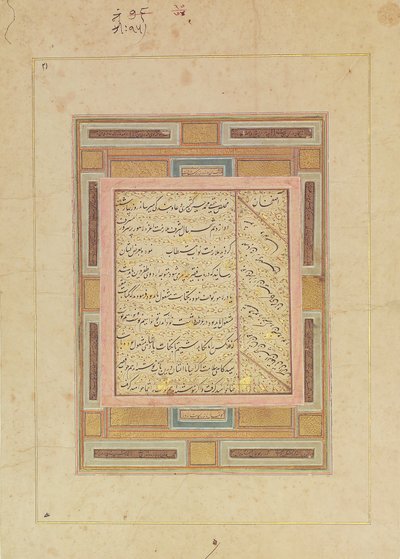 書道のページ、17 世紀初頭。 作： Muhammad Husain Kashmiri