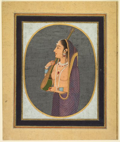 歌いながらヴィーナを弾く宮廷婦人、1760年頃（不透明水彩、インク、金、紙） 作： Muhammad Riza i Hindi
